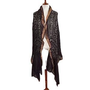 Vintage Y2K Artisan Black Silk Embroidered Drape Shawl Wrap with Gold Trim